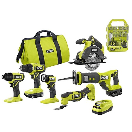 RYOBI ONE+ 18V Cordless 6-Tool Combo Kit with 1.5 Ah Battery, 4.0 Ah Battery, Charger, and Drill & Impact Drive Kit (40-Piece) at HomeDepot