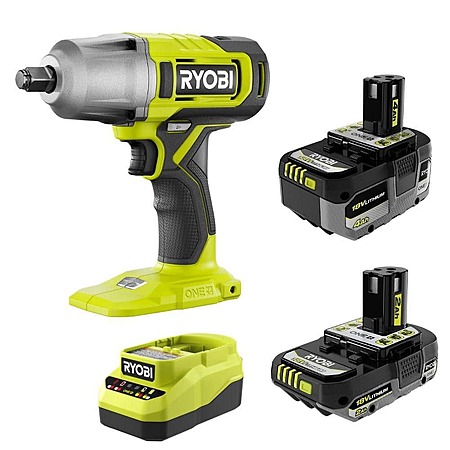 RYOBI ONE+ 18V Lithium Starter Kit w/ (1) 2.0 Ah Battery, (1) 4.0 Ah Battery & Charger w/ ONE+ 18V 1/2 in. Impact Wrench