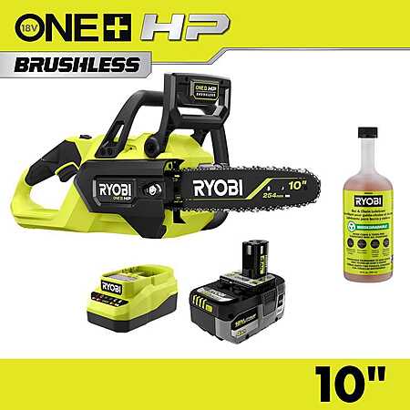 RYOBI ONE+ HP 18V Brushless 10 in. Battery Chainsaw with 24 oz. Biodegradable Bar and Chain Oil, 4.0 Ah Battery and Charger