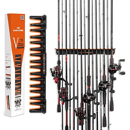 KastKing Vertical Fishing Rod Holder, Wall-Mounted Rack for 15 Rods or Combos, Black/Orange