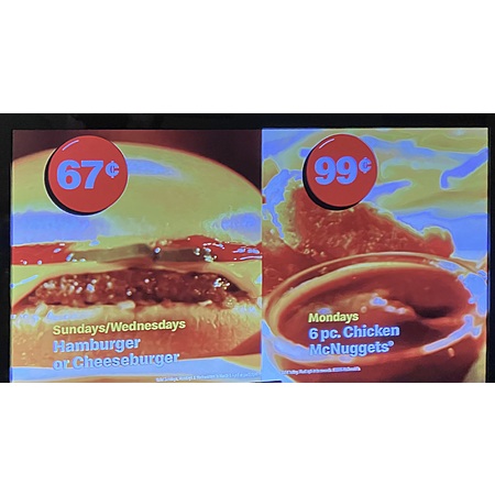 McDonaldâs 67Â¢ hamburger, cheeseburger or 99Â¢ chicken nuggets on certain days YMMV (15 replies)