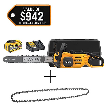 60V MAX 20in. Brushless Battery Powered Chainsaw Kit, (1) FLEXVOLT 5Ah Battery, Charger & 20in. Chain (68 Link) $479