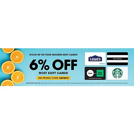 6% off most egift cards at Kroger Gift Card portal, eBay, Lowe's, Lego, Starbucks, Chipotle + 4X fuel points