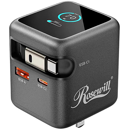Rosewill 70W Retractable USB-C Wall Charger with Built-in Cable, 3-Port GaN 3 Fast Charging, Foldable Design & Real-Time TFT Display for MacBook, iPad, iPhone, Galaxy $24.99