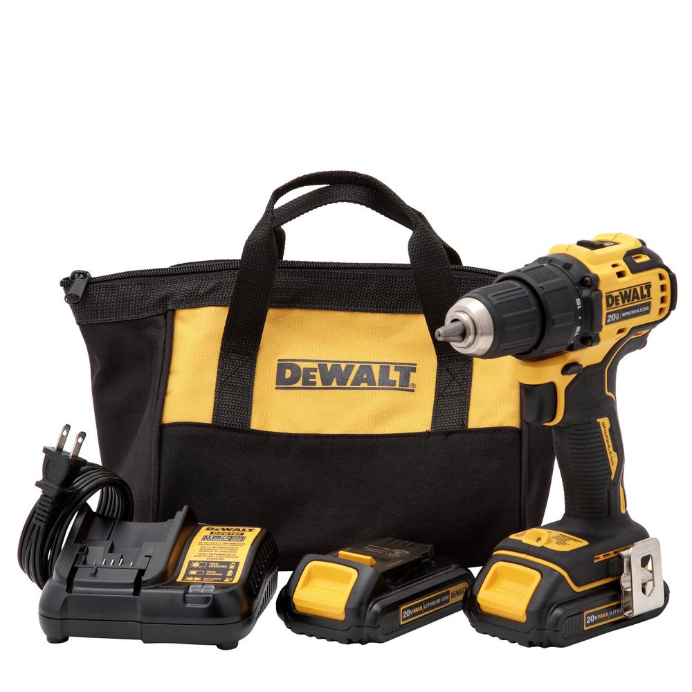 DEWALT ATOMIC 20-Volt MAX Lithium-Ion Brushless Cordless Compact 1/2 in. Drill Driver w/ (2) Batteries 1.3Ah, Charger & Bag $99
