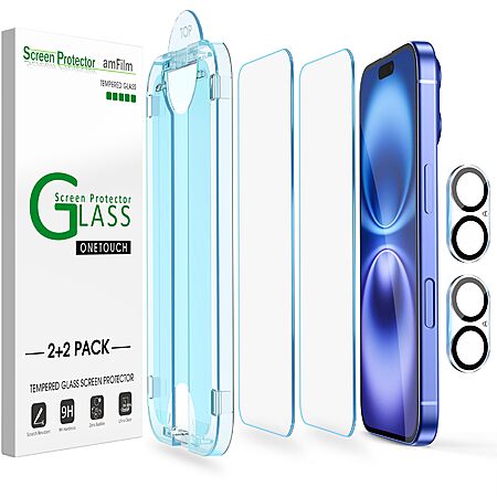 2-Pack amFilm OneTouch iPhone 16/16e/15/14/13 Tempered Glass Screen Protectors from $4.55 & More