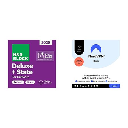 H&R Block Tax Software Deluxe + State 2025 (Digital) + NordVPN Basic (10 Devices/1-Year) $19.99 (2 replies)