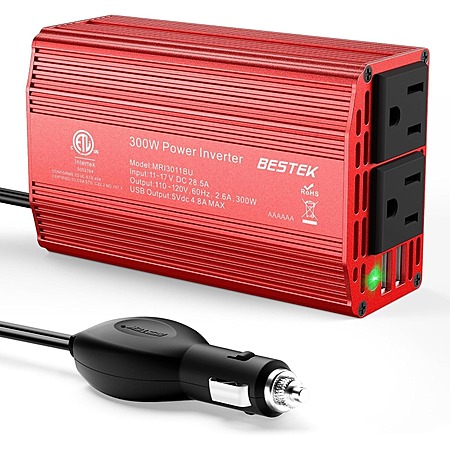 BESTEK 300W Car Inverter DC 12V to AC 110V w/ 2x AC & 2x USB A $19.50