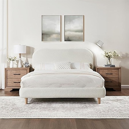 FLEXISPOT Queen Size Boucle Bed Frame w/ Charging Station & Light (White) $90 + Free Shipping