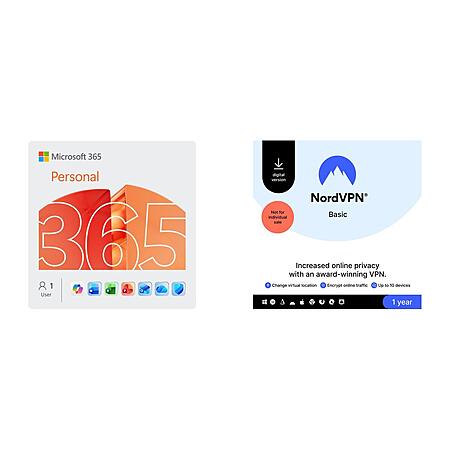 1-Year Microsoft 365 Personal (1-Person) + 1-Year NordVPN Basic (10-Devices) $47 & More
