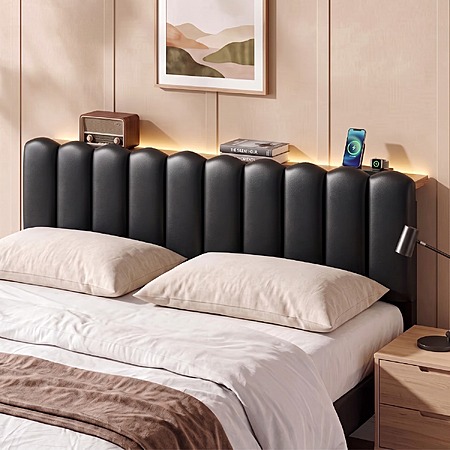 Pinmoco Queen Size Upholstered Headboard w/ Storage, LED Lights & Charging Station (Black) $80 + Free Shipping