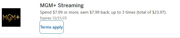 AMEX YMMV Offer: MGM+ Spend $7.99 or more, earn $7.99 back, up to 3 times