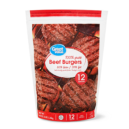 Great Value Beef Burgers, 80% Lean/20% Fat, 3 lbs, 12 Count (Frozen) YMMV $5.64