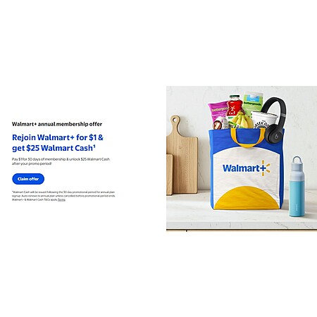 Walmart+ Membership Offer w High Cash Back YMMV $1