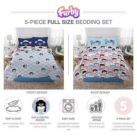 Furby Kids Full Bed in a Bag, 5Pc Bedding Set, Comforter and Sheets