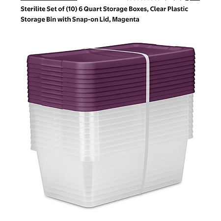Walmart YMMV Clearance: Sterilite Set of (10) 6 Quart Storage Boxes, Clear Plastic Storage Bin with Snap-on Lid, Magenta