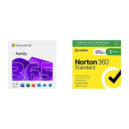 Software Bundles: 12-Month Microsoft Family (6-Users) + 1-Year Norton 360 Standard (1 Device) $68 & More (Digital Delivery)