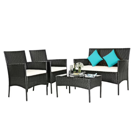 4-Piece Costway Rattan Patio Furniture Set w/ Cushions (Black w/ Beige Cushions) - 2025-11-16
