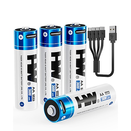HW 4-Pack AA USB-C Rechargeable Lithium Batteries w/ 4-in-1 Cable (3600mWh) $11.25 + Free Shipping w/ Prime or $35+ Orders