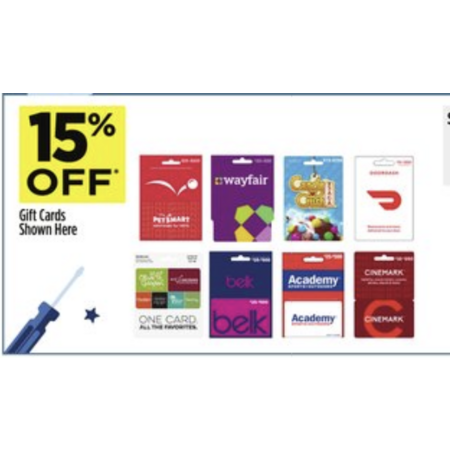 Dollar General In-Store: 15% off select GC (DoorDash, Wayfair, PetSmart, Darden Restaurants, Belk, Academy, Cinemark, Candy Crush)