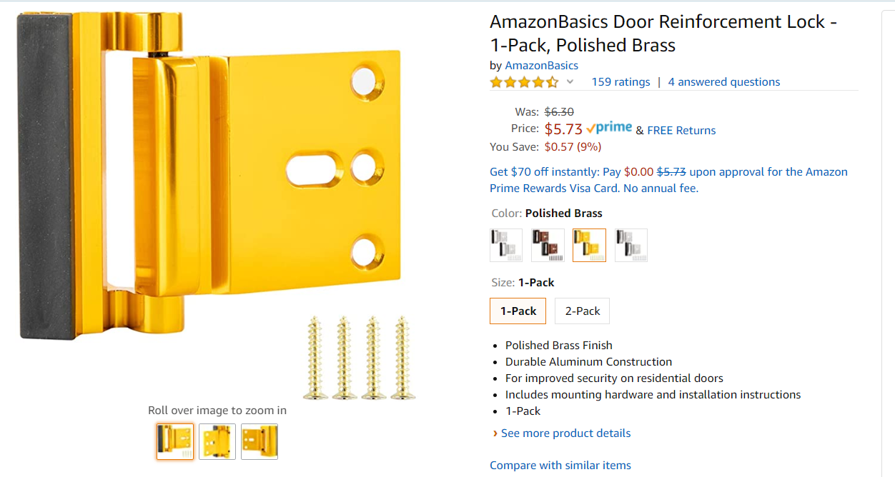 AmazonBasics Door Reinforcement Lock - 1-Pack, Polished Brass $5.73; 2-Pack $6.32