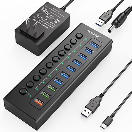 Powered Aluminum 10-Port USB Hub (7× 3.2 + 3× Fast Charging) 36W Power Adapter Individual ON/OFF Switch w/ 2× 3.3ft Cable $20 shipped Amazon Prime