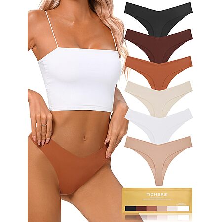 Tichers Seamless Thongs for Women No Show Thong V-waisted Stretch Breathable Sexy Panties Underwear (6-Pack) $12.99 + Shipping is free w/ Prime or on $35+
