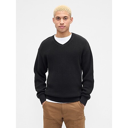 Gap Factory Men's Relaxed Ribbed V-Neck Sweater: Gray $10.40, Black