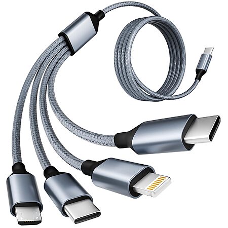 5' 4-in-1 Multi Charging Cable w/ Dual USB-C, Lightning & Micro USB (Greyishwhite) $4.49 + Free Shipping w/ Prime or on $35+