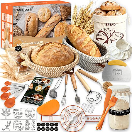 Acessorz Sourdough Bread Baking Kit w/ 2 Proofing Baskets, Starter Jar, Baking Tools, Stencils & More $20.89 + Free Shipping w/ Prime or on $35+