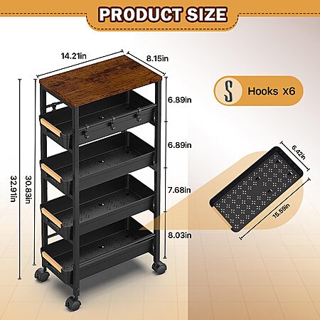 5-Tier SUNALLY Slim Rolling Storage Cart w/ Pull-Out Baskets, Wooden Top & Lockable Wheels (Black or White) $22.79 + Free Shipping w/ Prime or on $35+