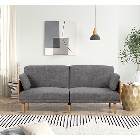 Better Homes & Gardens 73" Reading Futon, Natural Rubber Wood Legs & Arms, Grey Linen Fabric - $108.37