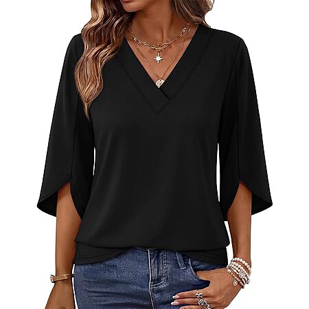 WIHOLL Women's V-Neck Bell Sleeve Blouse (Various Colors) $6.88 + Free Shipping w/ Prime or on $35+