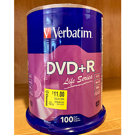 Verbatim DVD+R Life Series 4.7GB 16X 100pk Spindle $11
