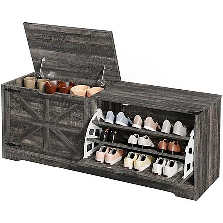 55" DWVO Farmhouse Shoe Storage Bench w/ 3 Flip Drawers (Dark Rustic Oak) $85.50 + Free S&H