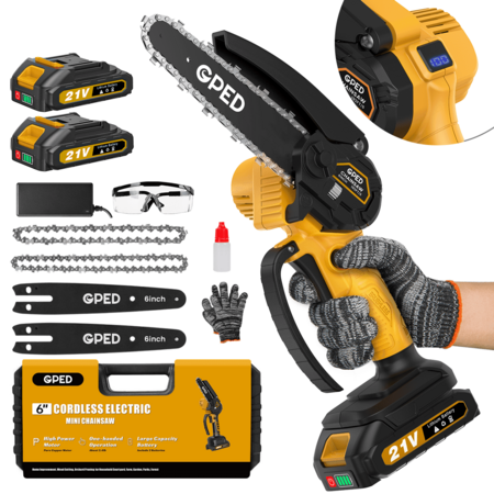 GPED 6" Cordless Mini Chainsaw Kit w/ 2x 21V 2000mAh Batteries ...