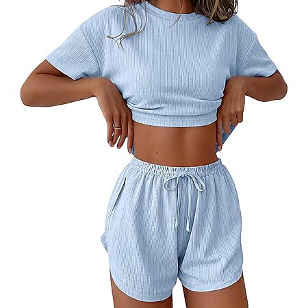 2-Pc Ekouaer Women's Pointelle Ribbed Knit Pajama Lounge Set