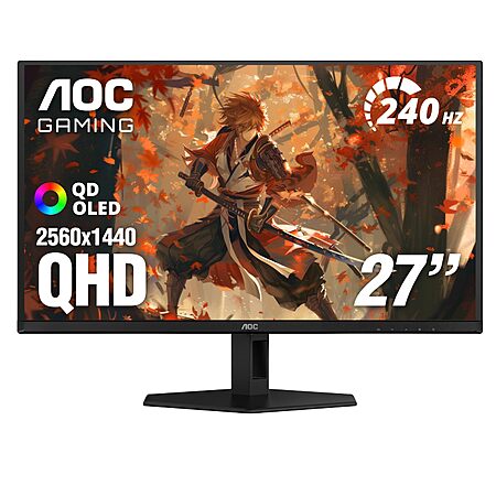 AOC Q27GAZD 27" QD OLED Gaming Monitor, QHD 2560 x 1440, 240Hz 0.03ms, HDMI 2.0 x1, Display Port x1, G-Sync Compatible, Console Gaming Ready, 3-Year Zero-Bright-Dot $360