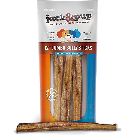 Jack and Pup 12" Jumbo Bully Sticks for Large Dogs (3 Pack) $16 + Free Shipping w/ Prime or orders $35+