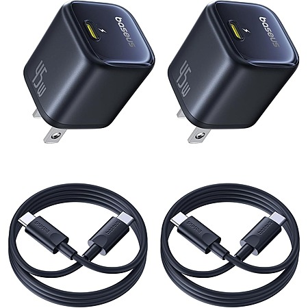 2-Pack Baseus 45W USB-C Charger Blocks w/ 3.3' USB-C Cables (Black or White) $18 