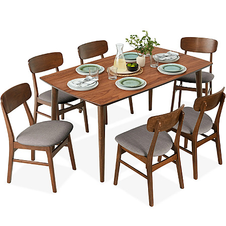 7-pc Best Choice Products Mid-Century Modern Upholstered Dining Set (Walnut/Gray) $450 + Free Shipping