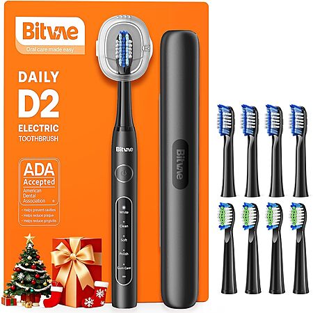 Bitvae D2 Rechargeable Electric Toothbrush (Black) w/ 8 Brush Heads & Case $12 