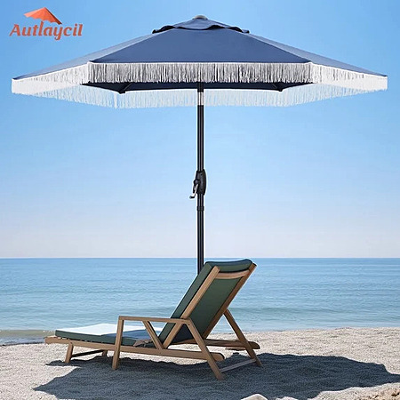 Autlaycil 7.5 ft Patio Umbrella with Fringe for Beach, Pool, and Yard - Navy Blue