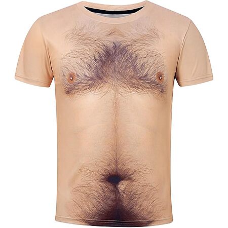 Fanient Mens Funny T-Shirt, 3D Hairy Chest Print, Novelty Crewneck Tee