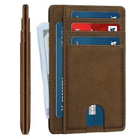 furid Men's Slim Genuine Leather RFID Blocking Wallet w/ ID Window (Brown or Black) $4.99 + Free Shipping w/ Prime or on $35+