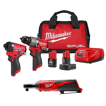 3-Tool Milwaukee M12 Combo Kit w/ FUEL Hammer Drill + FUEL Impact Driver + Ratchet $199