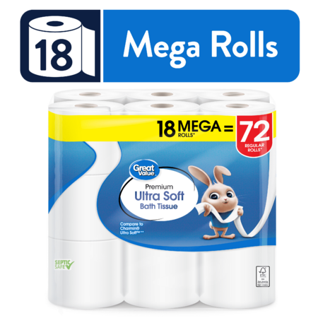 Great Value Ultra Soft Toilet Paper, 18 Mega Rolls, Compare to Charmin® Ultra Soft™ - Walmart.com $5.95