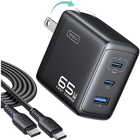 INIU Up to 65W 3-Port Charger Block w/ 5-ft USB-C Cable (2x USB C, 1x USB A) $11.85