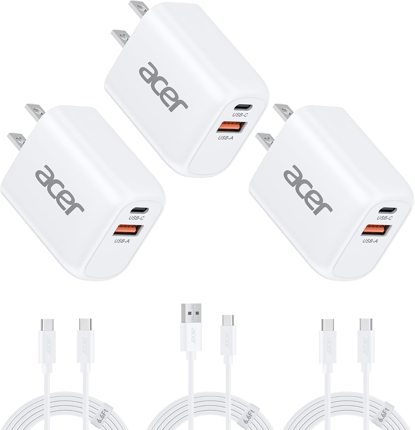 Acer USB C Charger Block, 20W Dual Port USB C Charger, 3-Pack USB Wall Charger, Phone Charger with 3-Pack 6.6FT Fast Charging Cables $15.19