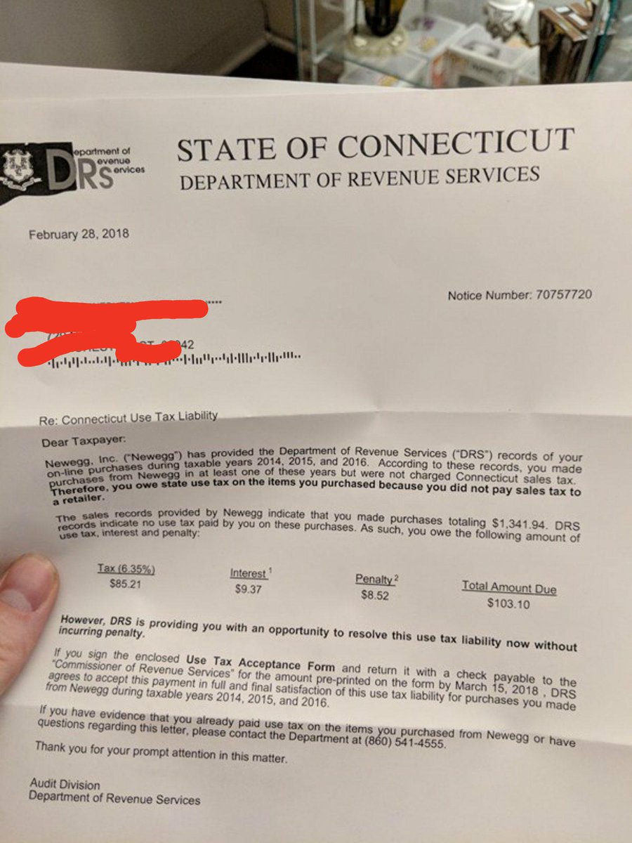 PSA: Some Newegg customers are receiving tax bills from the DRS because Newegg didn't charge them sales tax (FYI: Especially Connecticut residents)
